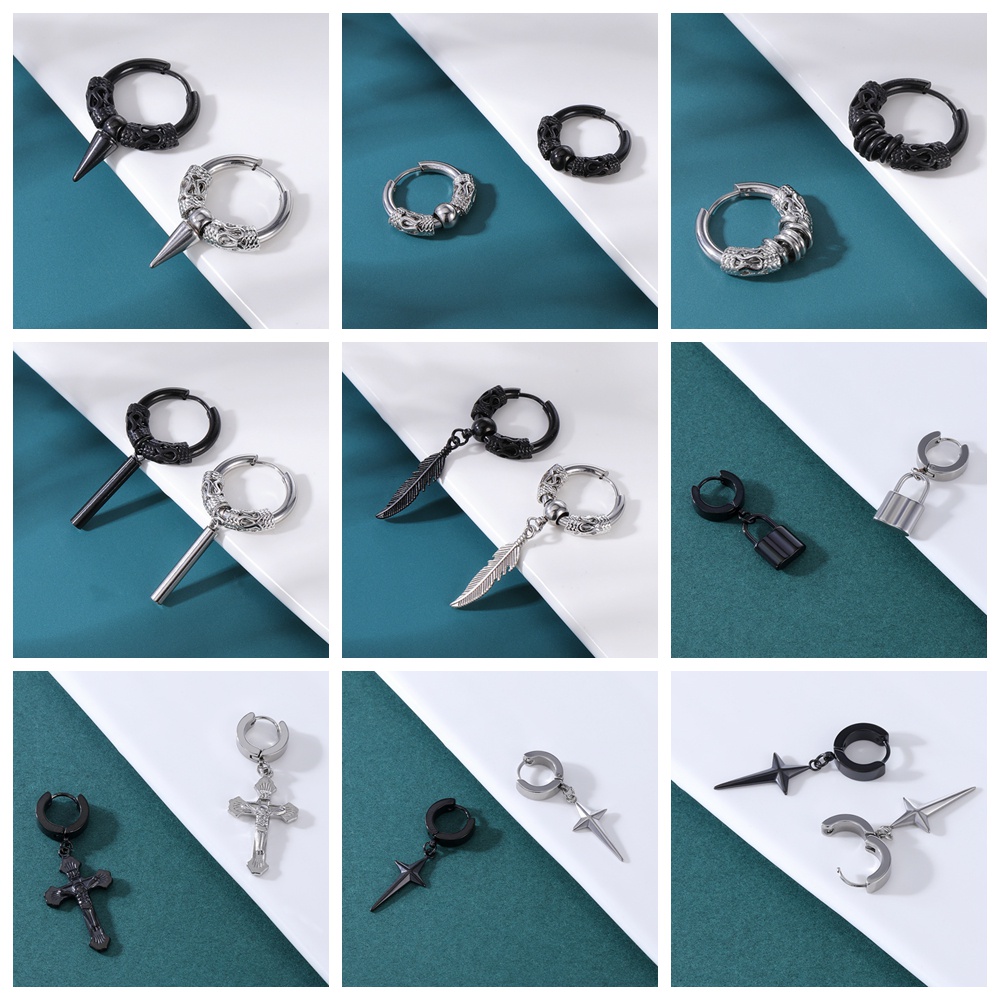 6pcs / lot Anting Hoop Rantai Rumbai Panjang Desain Tengkorak Salib Bahan Stainless Steel Gaya Punk Korea