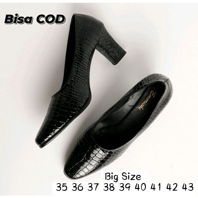 Bisa COD / Higheels Sepatu Hak Tinggi Wanita Big Size 35-43 Slop Heels 7cm Black / Pantofel Croco Leanther Hitam Elegant Emoris, 44