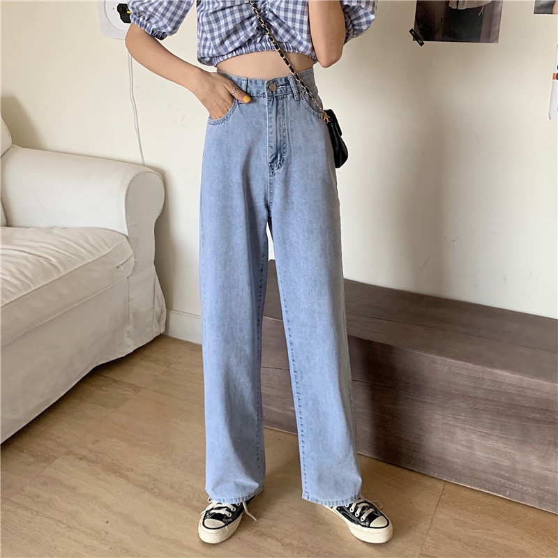 Jeans Wanita Loose High Waist Celana jins Korean Style Straight Pants