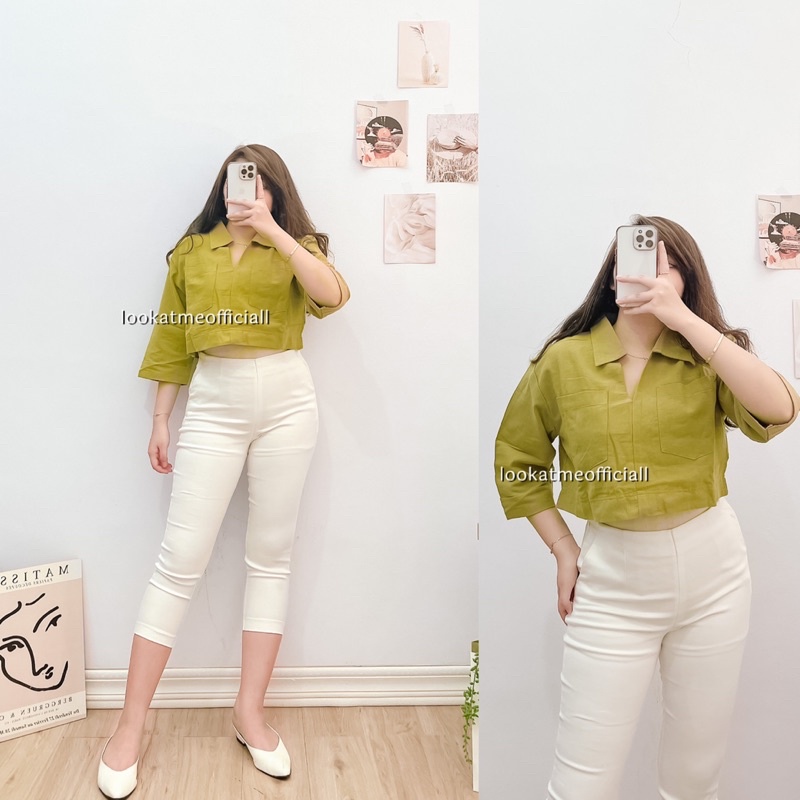 lookatmeofficial • Atasan Blouse Jessica Oversize Crop Shirt - Kemeja Crop Bahan Linen Oversize