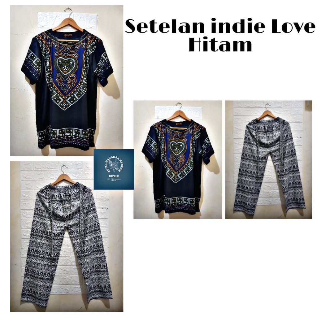 Set/Setelan Baju dan Celana Etnik Love Hitam Pria/Wanita (Unisex)