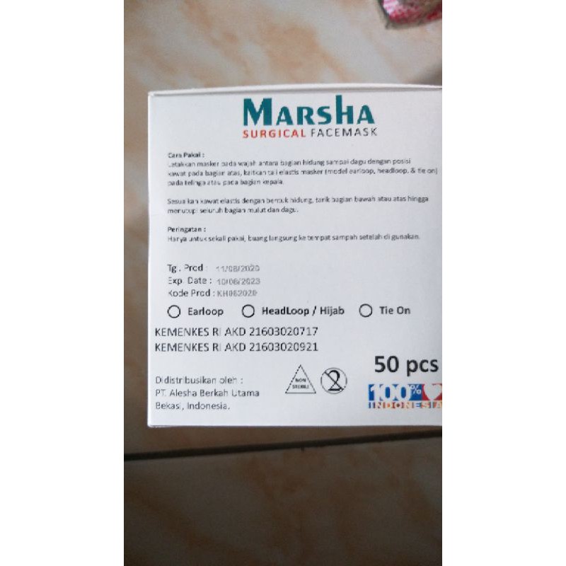 1 box isi 50 pcs Masker Medis Marsha 3 ply Ijin Kemenkes AKD 21603020717