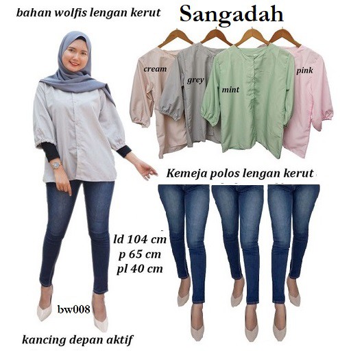 Sangadah Kemeja Polos Wanita Lengan 3 4 Kerut Pakai Manset Muslimah Pakai Hijab A145x Bw008x Bkk Shopee Indonesia
