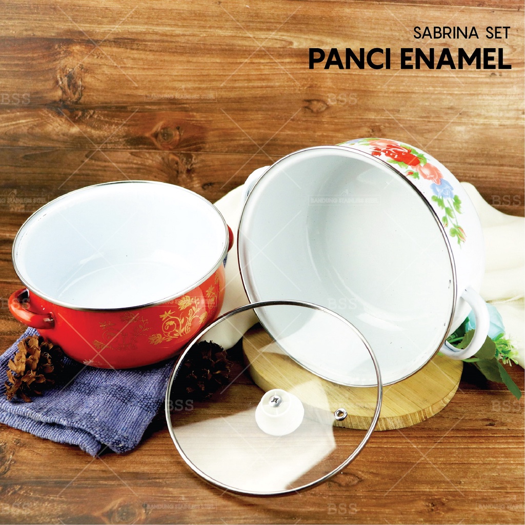 Panci Enamel Set 3pcs Tutup Kaca Masak Sup Soup Motif Cantik Lucu