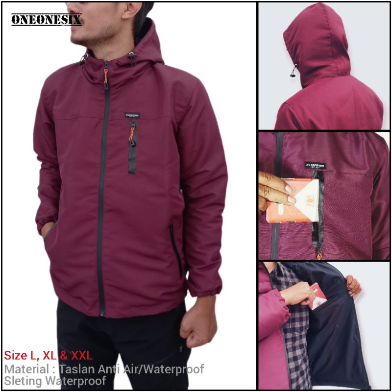JAKET OUTDOOR WATERPROOF PRIA TASLAN JN PREMIUM JACKET HOODIE GUNUNG PARASUT ANTI AIR TRAVELING HIKING DEWASA-Polos Marun