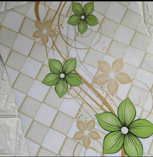 WALLPAPER DINDING MOTIF BUNGA HIJAU CREAM 10m x 45cm