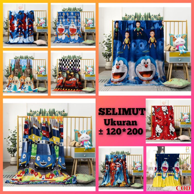 SELIMUT KARAKTER ANAK PEREMPUAN CEWEK DAN LAKI-LAKI COWOK MOTIF KARTUN SPIDERMAN CARS TAYO DORAEMON HELLO KITTY ADVANGER UKURAN ± 120X200CM