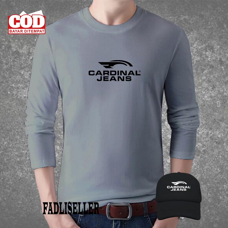 BONUS TOPI  Baju Kaos Pria Lengan Panjang / Baju Kaos Cardinal Jeans Logo Dan Text Hitam / Baju Kaos
