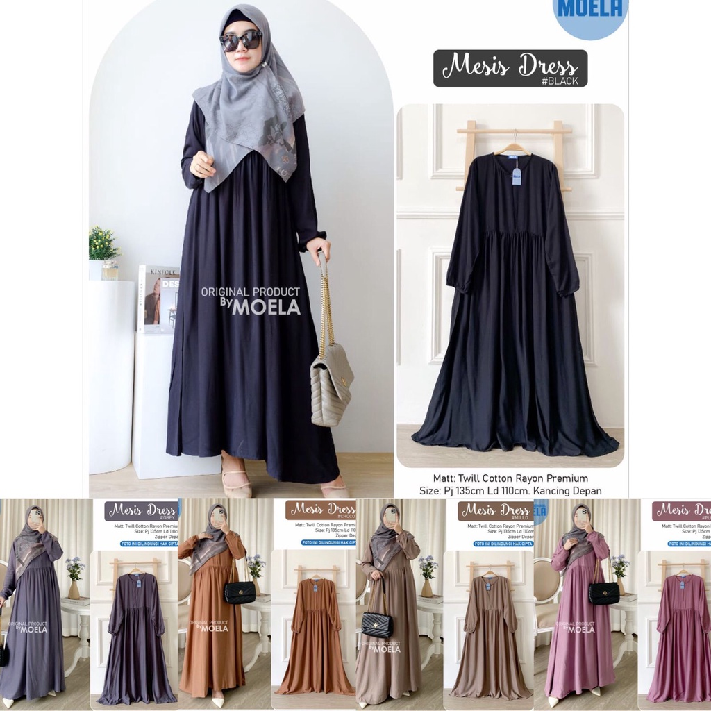 DRESS MESIS by ORIGINAL MOELA ld 110cm GAMIS POLOS fashion MUSLIM twill cotton rayon premium zipper 