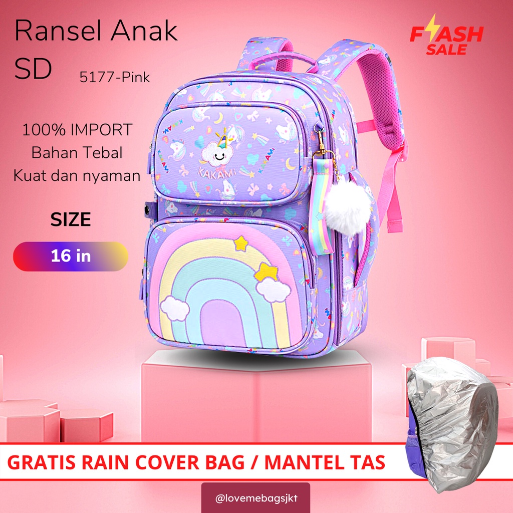 LMB Tas Anak Sekolah Perempuan SD SMP Remaja Import Bahan Premium Rainbow Bagian Depan Bisa Buka Full