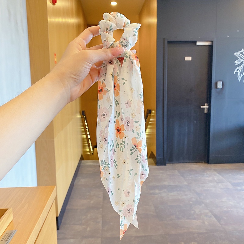 Ikat Rambut Karet Scrunchie Panjang untuk Wanita Korea Motif Bunga Bahan Halus Dalika