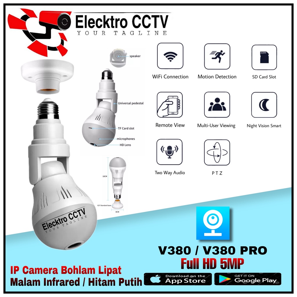 Kamera CCTV V380 IP Camera Wifi Full HD Panoramic 360Drajat Bentuk Lampu + Fitting