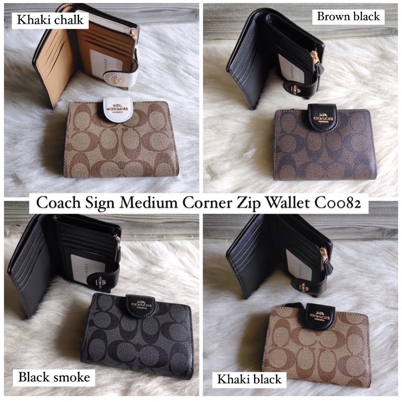 Coach C0082 Signature Medium Corner Zip Wallet Khaki Chalk / SADDLE