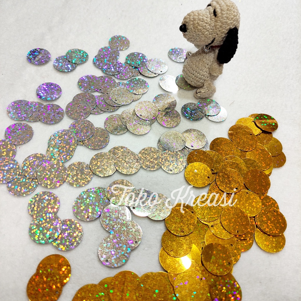 (Per Pack) Payet baju bulat / Sisik naga motif Hologram / Ramboci flat Uk 20 mm - 25 mm Silver Gold