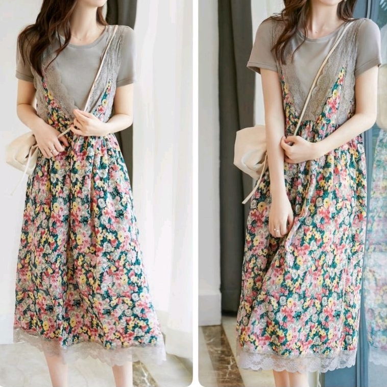 18440 Baju mididress Midi dress gaun motif bunga flower floral Korean style coklat pink wanita impor