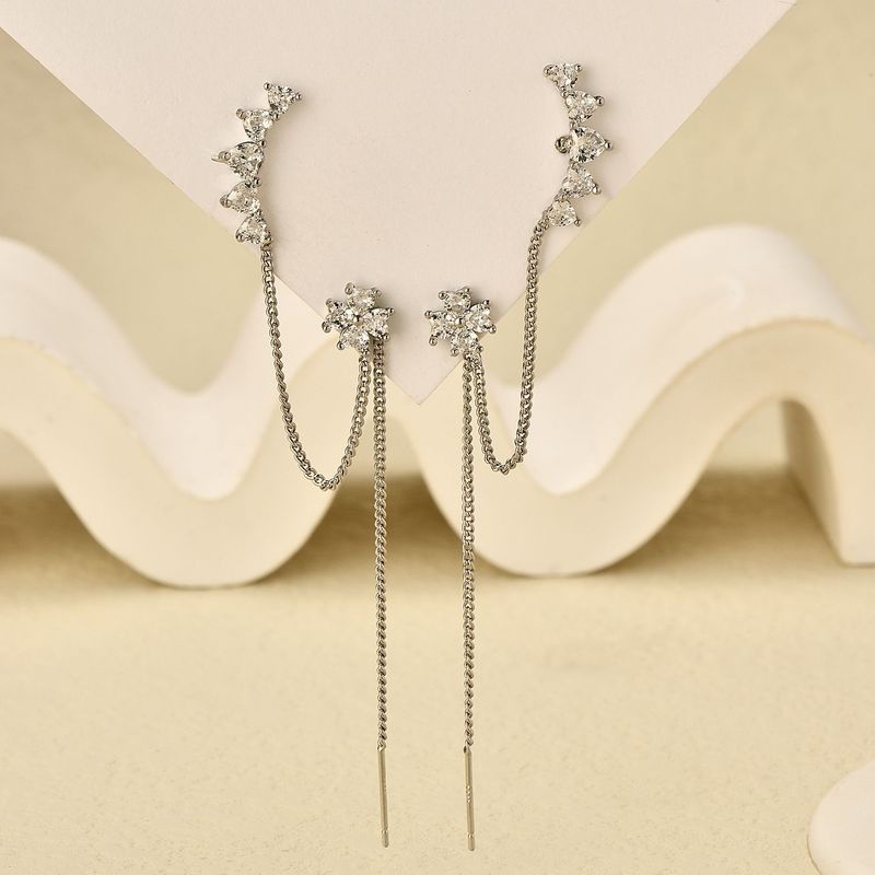 Anting Tusuk Gantung Bahan Sterling Silver 925 Desain Bunga Hias Zirconia Putih Untuk Wanita