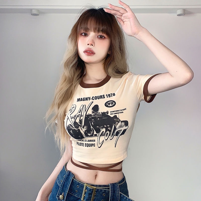 Prove kekinian atasan crop top American ins net red hot girl fun print slim T-shirt female niche design crop top baju import kaos wanita korean style