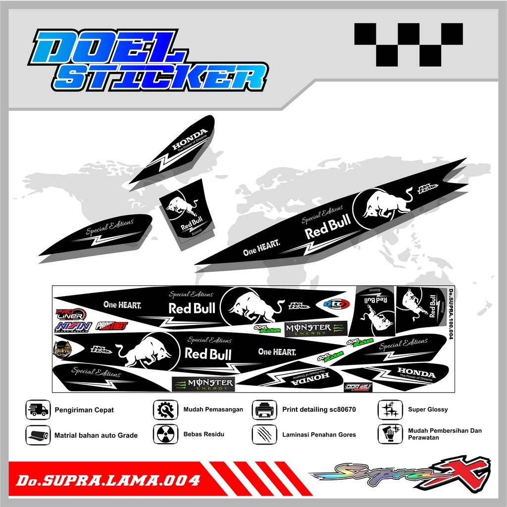 Striping Supra 100 / Supra X / Supra Fit Lama Variasi Stiker Skotlet Motor List RED BULL 004