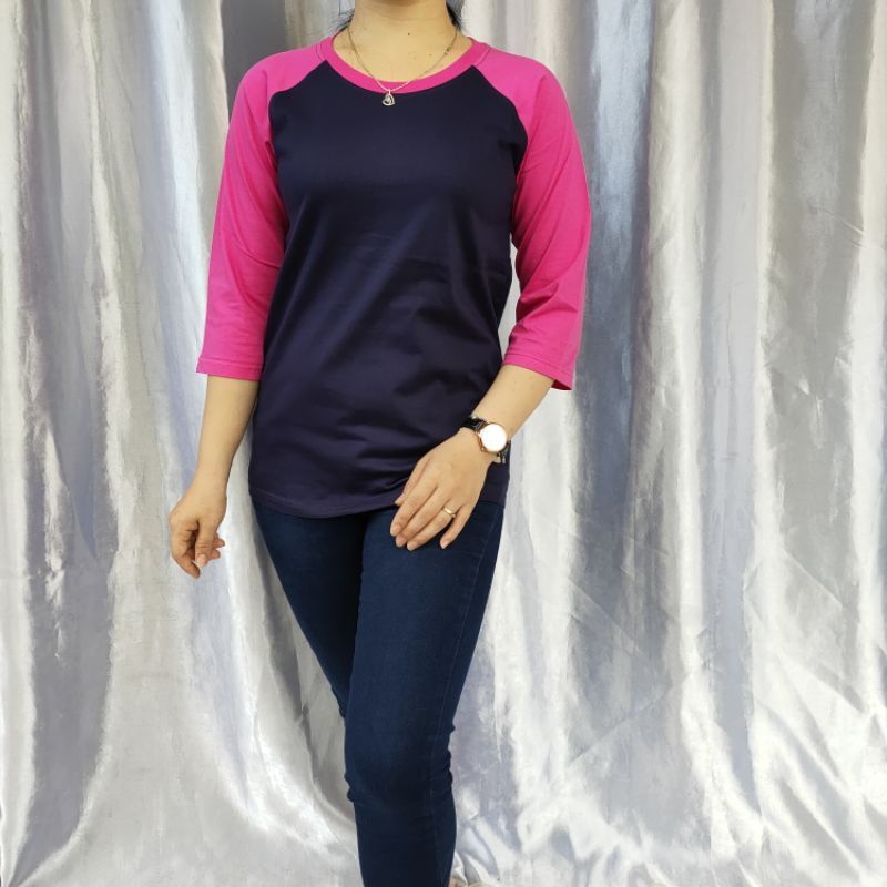 kaos polos reglan wanita (unisex) lengan 3/4 uk m l xl xxl-Navy/pink 3/4