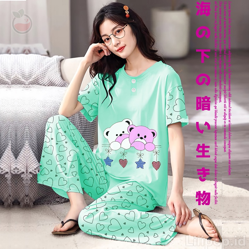Baju Tidur Stelan Wanita Celana Panjang Baby doll Dewasa Piyama Allsize Cp Lilipop Sleep Wear-Twin Bear tosca