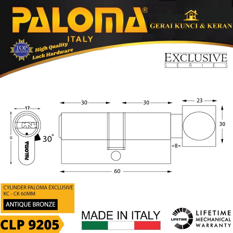 PALOMA CLP 9205 KNOB CYLINDER ITALY 60 MM EXCLUSIVE KUNCI PINTU BRASS ANTIQ BRONZE