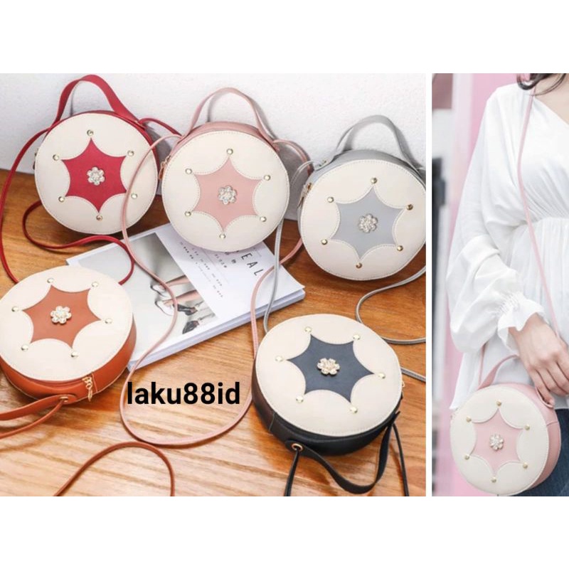 Tas Selempang Wanita Import Bulat Bunga Satuan - Tas Wanita Import Bulat Tali 1Pcs- Tas Selempang Bu