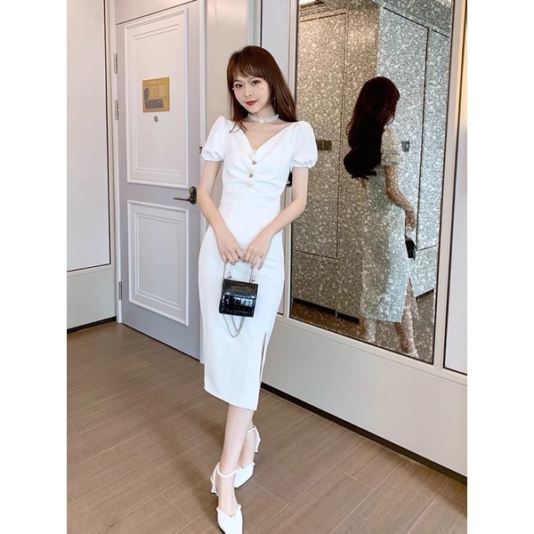 H7 DB9/39 Korean bodycon V neck midi dress beautifull white