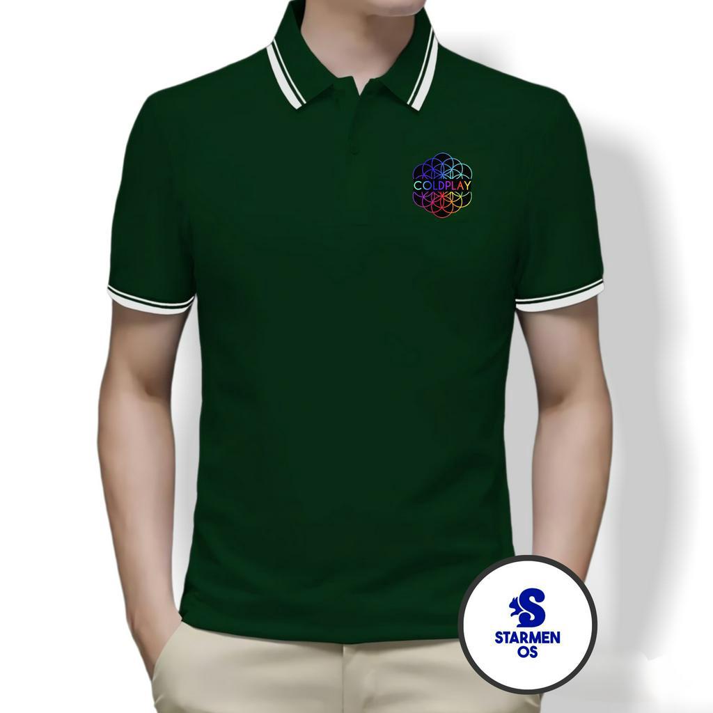 Kaos Polo Shirt Pria Kerah List Putih Logo COLDPLAY A