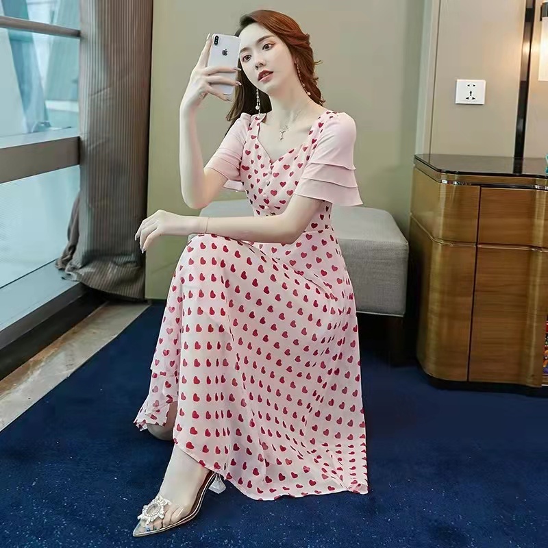 Rok sifon V-neck 2022 baru gaun polka-dot tanpa pinggang pakaian kipas dewi temperamen