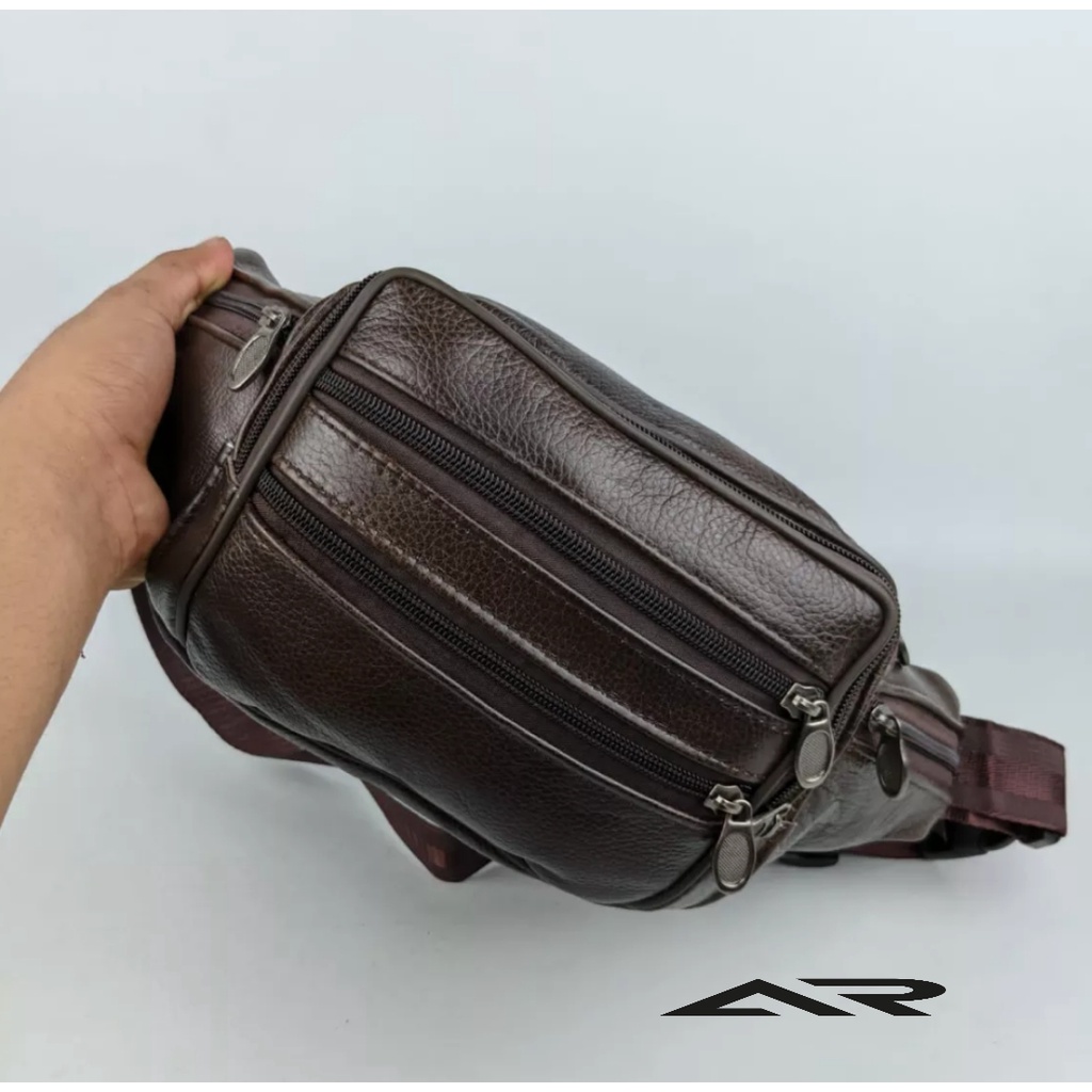 Tas Selempang Pria KULIT ASLI Waistbag Casual 7 Ruang Multi Fungsi