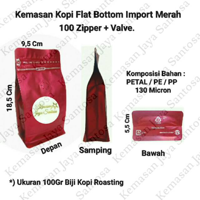 Kemasan Kopi Flat Bottom Import Merah 100 Zipper + Valve. Kemasan Kopi.