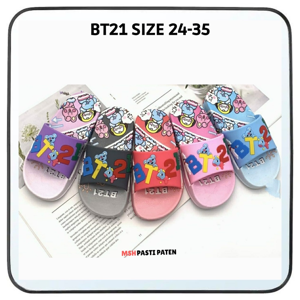 Sandal Selop Anak Cewe Bahan Karet Motif Kartun Bt21 Ukuran 30-35 Sandal Jely Anak Ori Sandal Flat Anak Sandal Bts