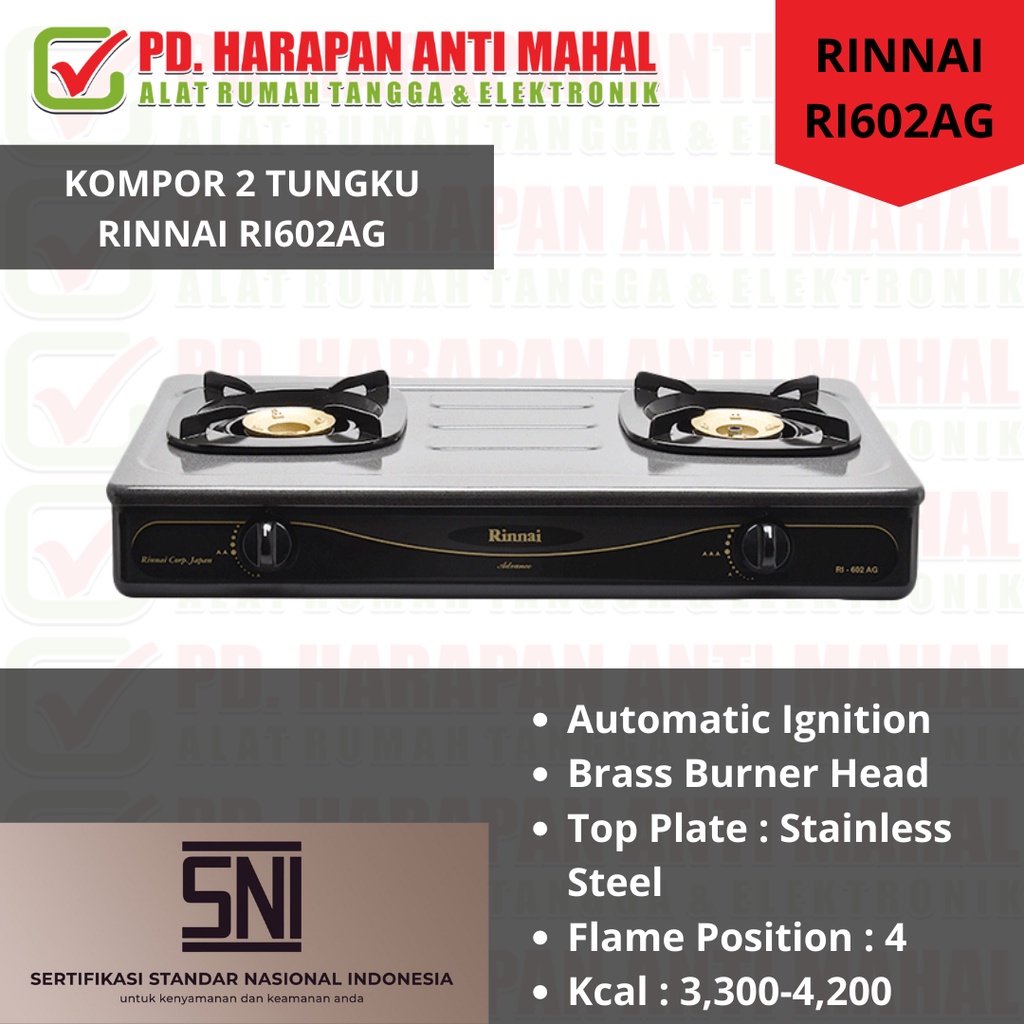 KOMPOR  RINNAI RI602AG/ KOMPOR 2 TUNGKU  RINNAI RI602AG/ KOMPOR API EKONOMIS  RINNAI RI602AG/ KOMPOR