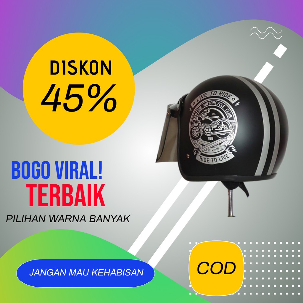 HELM BOGO CLASSIC STRIP KACA DATAR CEWE COWO DEWASA SNI RETRO MOTIF ORIGINAL - LIS HITAM