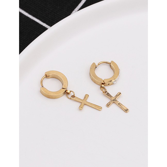 LRC Anting Tusuk Fashion Gold Geometric Circle Cross Stud EarringsF33237