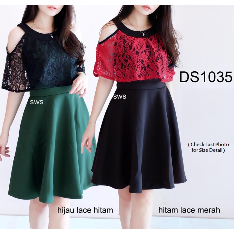 DS1035 - DRESS PESTA BRUKAT LACE SCUBA DRESS FLARE WANITA IMPORT MURAH NATAL