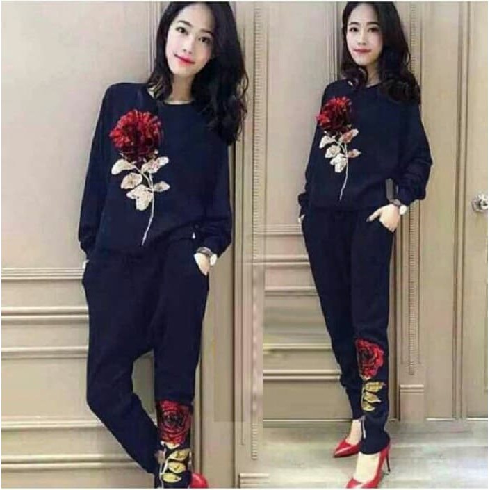Setelan st set wanita training olahraga sport jumbo big size xl channel guccy flower bahu bolong i.8