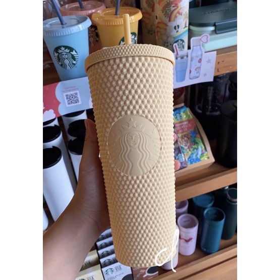 READY STARBUCKS TUMBLER STUDDED BLING BUTTER MATTE YELLOW