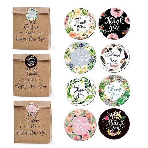 Paper Tags - 1&quot; Floral Round &quot;Thank You&quot; Sticker #04 (10 Pcs)