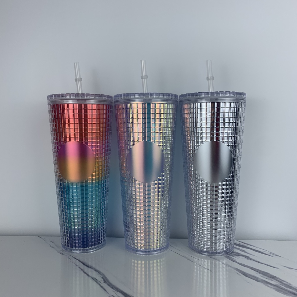 2022 NEW Arrival 24oz Diamond Radiant Goddess Corn Grid Studded Cup Double Wall Plastic Coffee Mug Tumbler with Straw and Lid -OW-