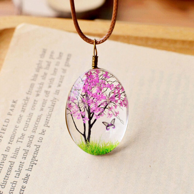 Women'S Lifelike Tree Of Life Oval Shape Amber Pendant Necklaces Handmade Glass Plant Necklace
