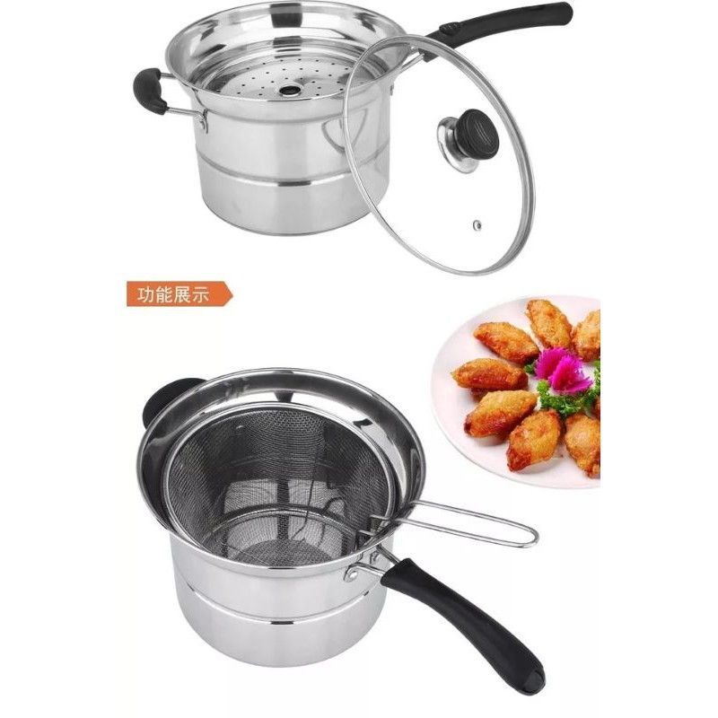 Medan Termurah (Panci tutup kaca + Tempat kukus &amp; goreng) Multifungsi Deep Fryer 22cm Panci serbaguna 3in1