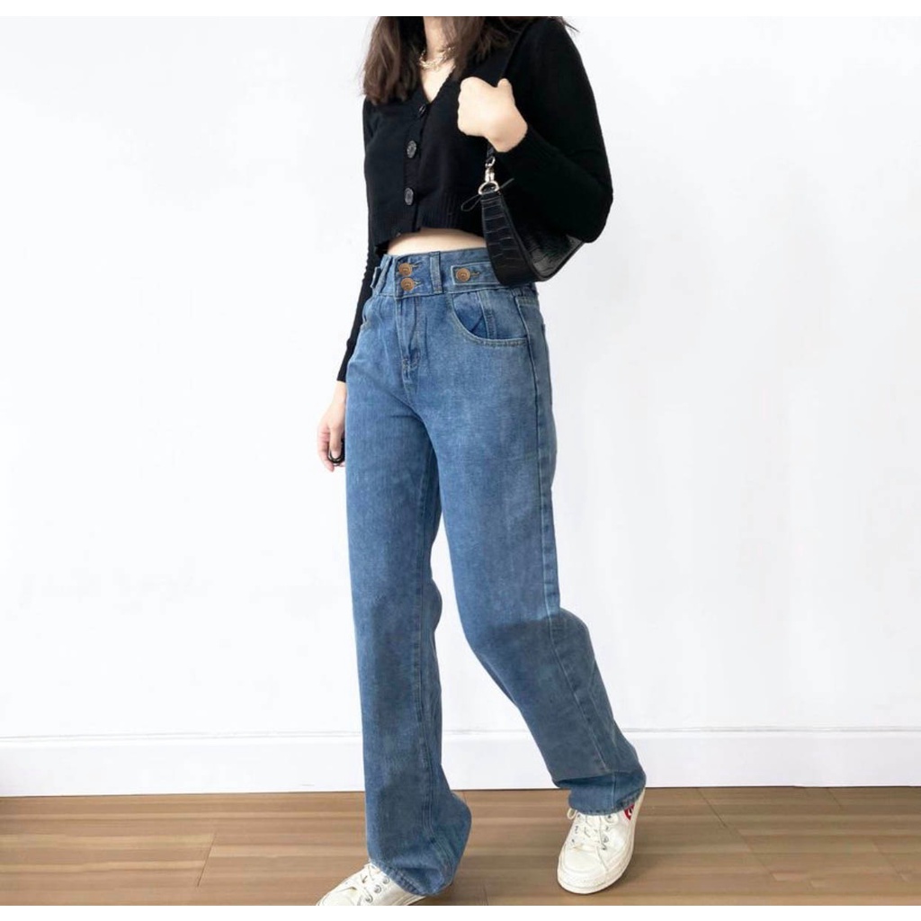 HOPYLOVY Celana High Waist Boyfriend Jeans | Celana Jeans Wanita Boy Friend Double Button BF Harvey