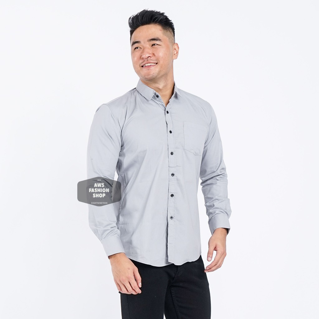 Kemeja Pria Lengan Panjang  Polos Abu - Abu Muda Soft Grey Kemeja Casual Slimfit 3346