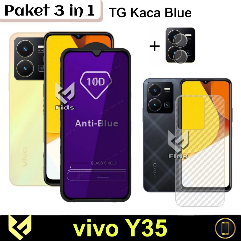 NEW PROMO Paket 3IN1 For VIVO Y35 2022 / VIVO Y16 2022 / VIVO Y22 2022 Anti Gores Layar Anti Blue Light Free Lens Camera &amp; Skin Carbon Anti Gores Jamur Body Belakang Handphone