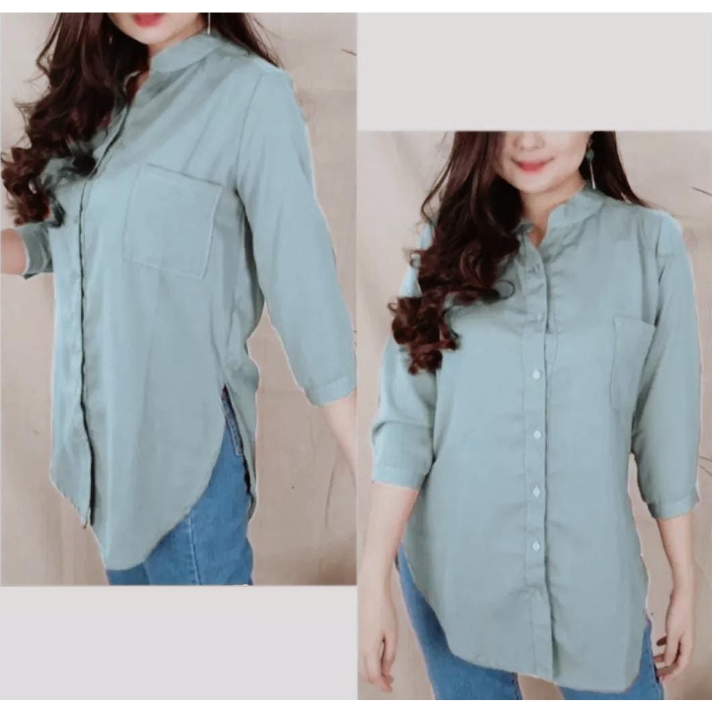REAL PICTURE Blouse / Kemeja Wanita Lengan 7 per 8 / Kemeja Wanita BIG SIZE-Biru Abu