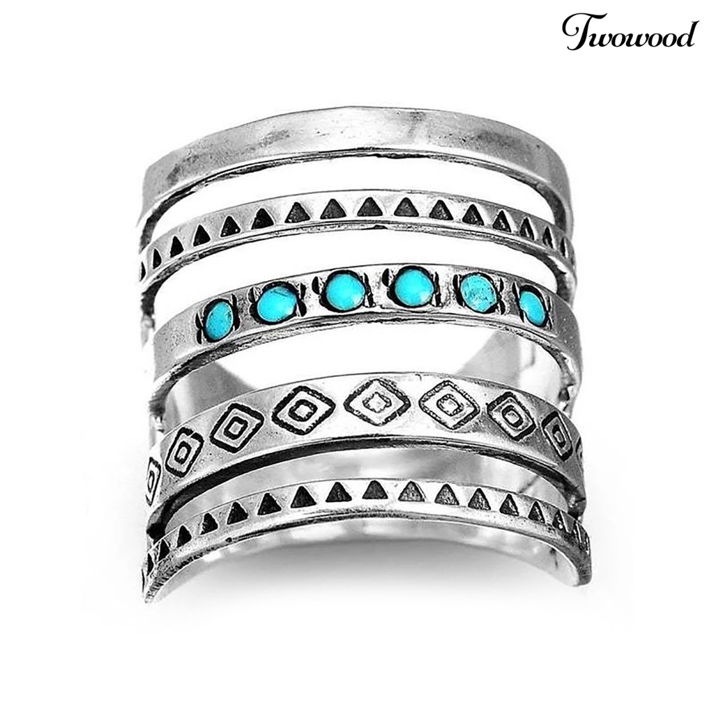 Twowood Multilayer Wide Turquoise Decor Women Ring Symbols Pattern Hollow Bohomia Joint Ring Jewelry Accessaries