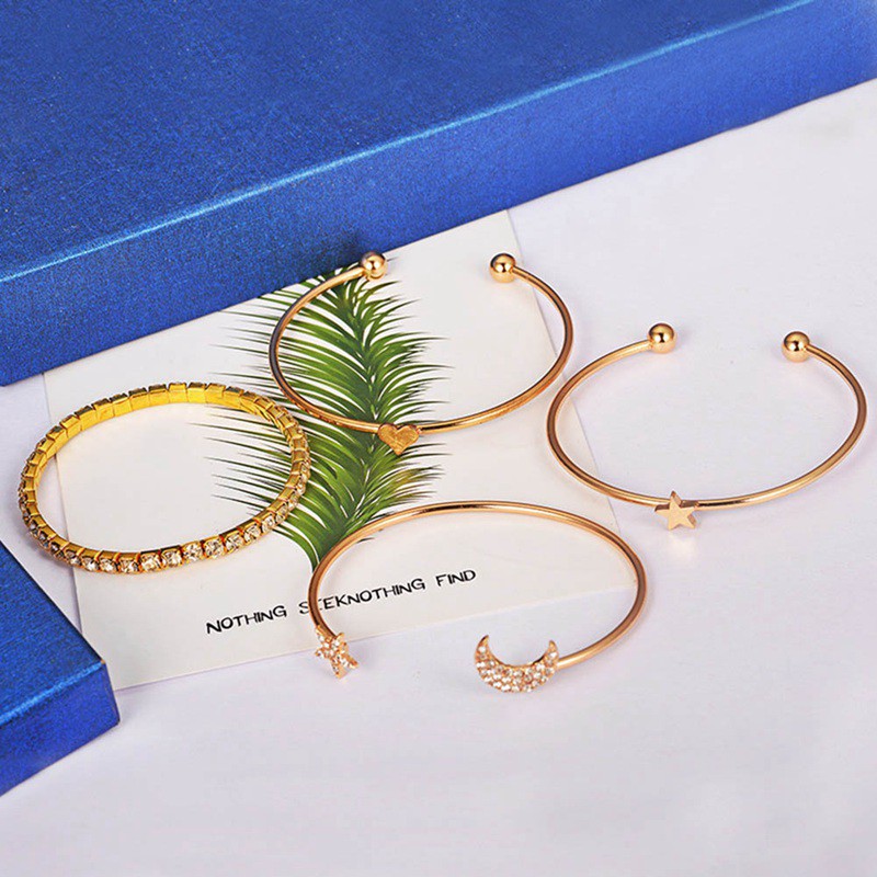 4Pcs / Set Gelang Tangan Model Terbuka Desain Bulan &amp; Bintang Hias Berlian Mewah hhbr25