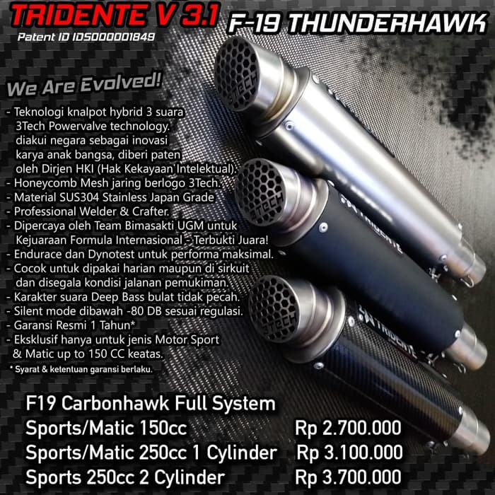 Tech28 Knalpot 3 Suara Tridente F19 Carbonhawk 250cc 2 Cylinder Full System