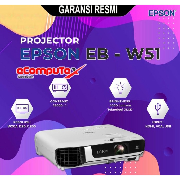 PROJECTOR EPSON EB-W51 / PROYEKTOR EBW51 3LCD WXGA HDMI GARANSI RESMI